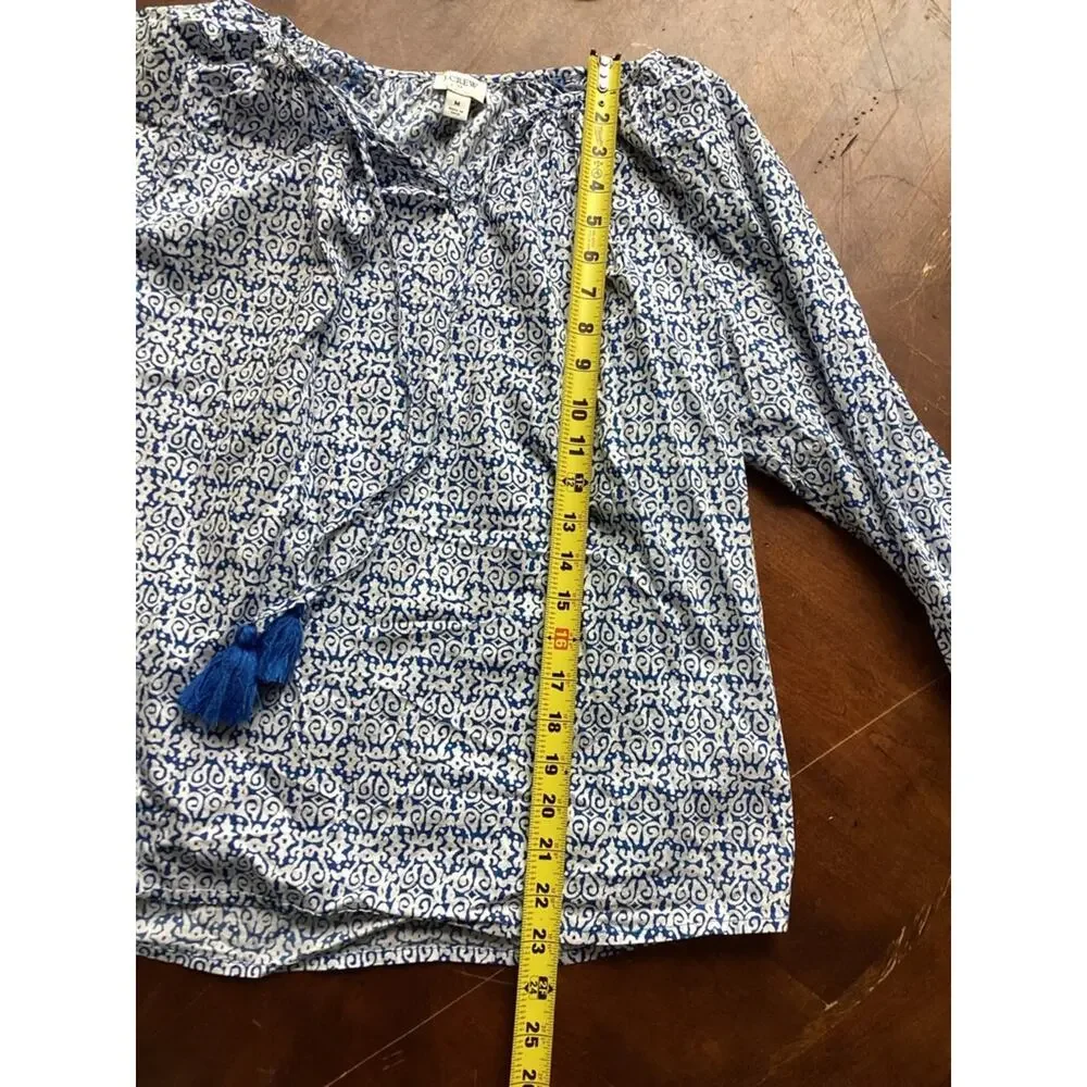 J. Crew Blue and White Printed Peasant Blouse Womens M, Boho, Tassels
